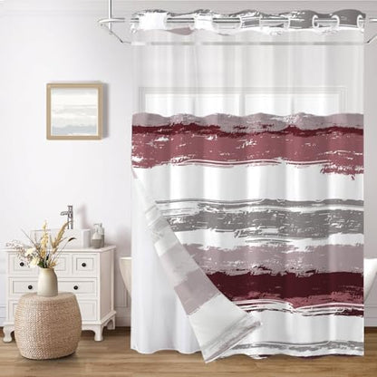 No Hook Shower Curtain with Liner, Red Stripe, 71x74 Inch