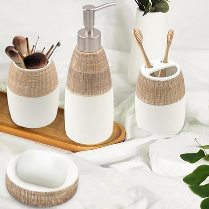 CERBIOR Bathroom Accessories Set,4 PCS Ceramic Bath Accessory,Brown White