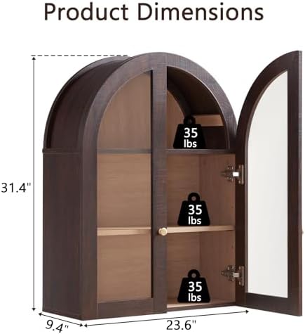 Bathroom Arched Wall Cabinet,23.5'' Wide Medicine Cabinet, Bathroom Cabinet Wall Mount W/Glass Doors & Adjustable Shelves, Over The Toilet Storage Cabinet for Laundry Room, Bedroom,Kitchen, Brown