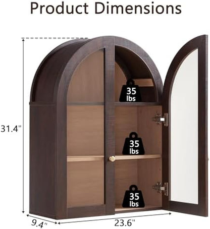 Bathroom Arched Wall Cabinet,23.5'' Wide Medicine Cabinet, Bathroom Cabinet Wall Mount W/Glass Doors & Adjustable Shelves, Over The Toilet Storage Cabinet for Laundry Room, Bedroom,Kitchen, Brown
