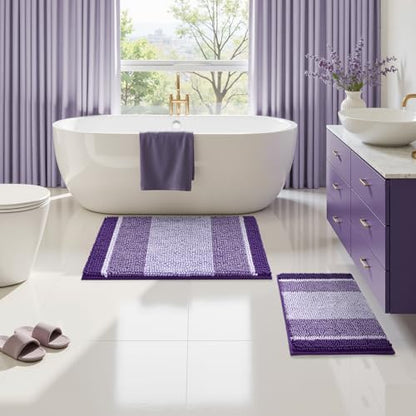 HOMEIDEAS Purple Bathroom Rugs Set of 2, Striped Chenille, 20"x32"+17"x24"