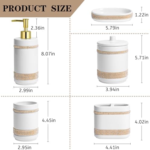 RQYIXI Ceramic Bathroom Accessories Set,White,5 Piece,Rhinestone Design