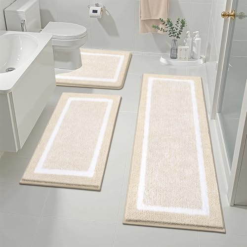 Pauwer Bathroom Rugs 3 Piece Set, Non Slip Washable Bath Mat, Light Beige