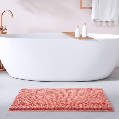 FRESHMINT Large Chenille Bathroom Rugs Mat 36”x24”, Non-Slip Bath Mat for Bathroom Floor & Bathtub, Washable Shower Shag Bath Rugs, Soft Fluffy Thick Water Absorbent Microfiber Shower Mat, Coral