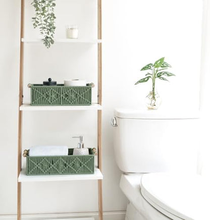 Mkono 2Pc Macrame Storage Basket, Boho Decor Toilet Paper Holder, Green