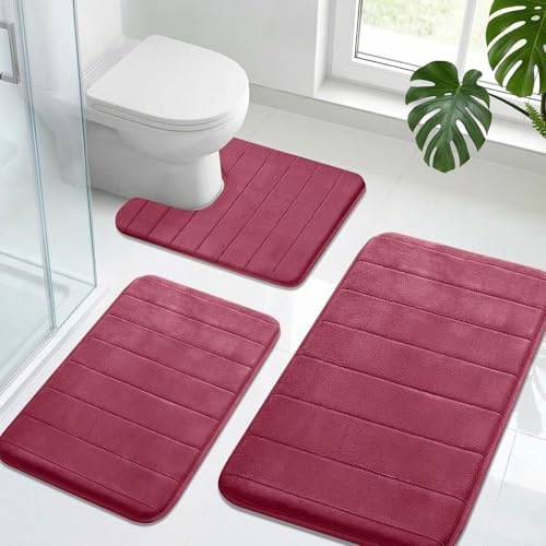 Neween Bathroom Rugs Set 3 Piece, Absorbent Memory Foam Bath Mat, Red
