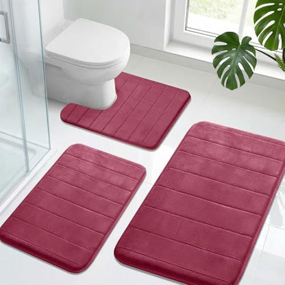 Neween Bathroom Rugs Set 3 Piece, Absorbent Memory Foam Bath Mat, Red