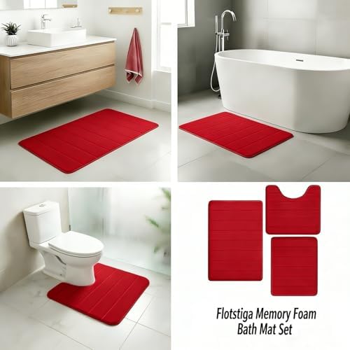 Memory Foam Bath Mat Set 3 Piece，Super Soft Absorbent Bathroom Rug Non Slip, Quick Dry,Machine Wash, Perfect Plush Bathroom Rugs,Home Decor Accessories,Red