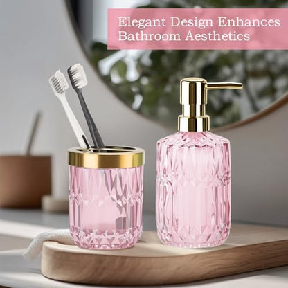 RRM Glass Bathroom Toothbrush Holder and Soap Dispenser Set, Pink