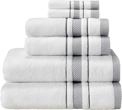 Bath Towels Set for Bathroom – Luxury 6-Piece Cotton Towels, Soft Absorbent & Quick Dry, 600 GSM Bath Towels for Bathroom, Hotel Spa Quality (White/Grey, 6- Bath Towel Set)