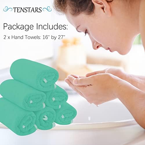 TENSTARS Silk Hemming Hand Towels for Bathroom - Quick Drying - Ultra Soft Microfiber Absorbent Towel for Bath Fitness, Gym, Shower, Hotel, and Spa - 16x28 Inch | Set of 6, Aqua Green
