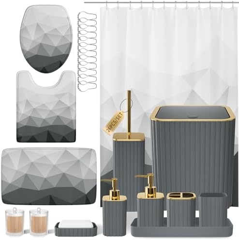 XLHOMO Bathroom Accessory Set - 26PC Bathroom Shower Curtain and Rug Set, Bathroom Accessories Set, Grey Bathroom Set with Trash Can, Toilet Brush, Qtip Holder & Soap Dispenser