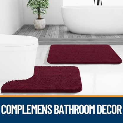 OLANLY Chenille Bathroom Rugs Mats Sets 2 Piece, 47"x20"+24"x20", Burgundy