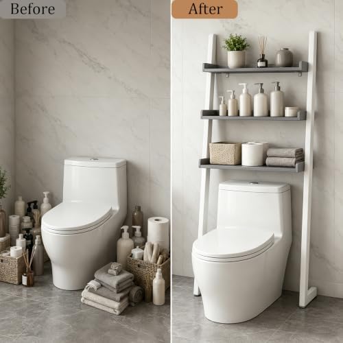 3-Tier Bathroom Over Toilet Storage for Small Space (White+Grey)