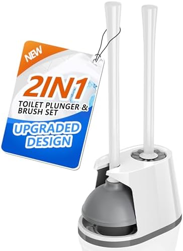Toilet Plunger and Brush Set, Bowl Brush and Heavy Duty Toilet Plunger with Ventilated Holder, 2-in-1 Toilet Brush and Plunger Combo for 5.3-inch Toilet Drain Bathroom Deeply Cleaning(White & Grey)