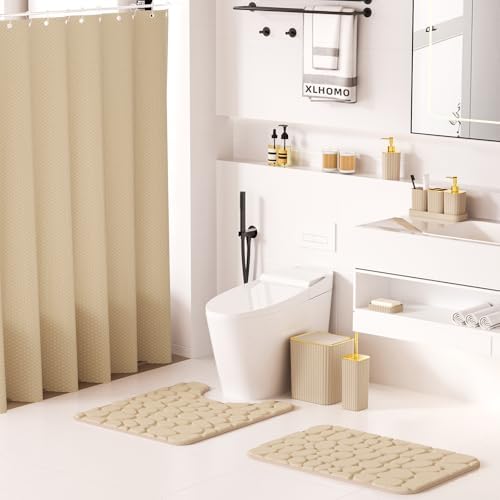 XLHOMO Bathroom Accessories Set - 25PC Bathroom Sets with Shower Curtain and Rugs, Beige Bathroom Accessories with Trash Can, Soap Dispenser, Soap Dish & Toilet Brush