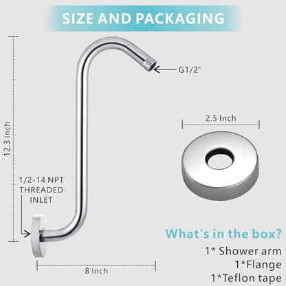 Shower Head Extension Arm with Flange, S Shaped High Rise Gooseneck Showerhead Riser Pipe, Universal Standard 1/2" Connection - Bathroom Accessory (12 Inch, Chrome)