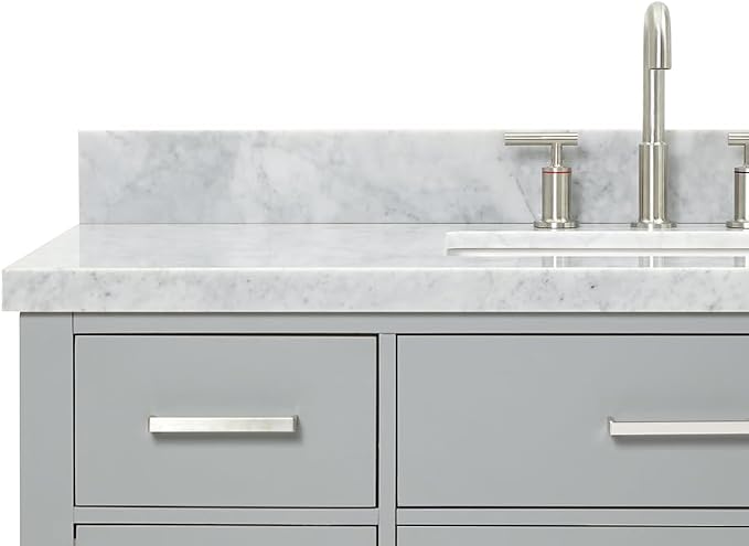 Alenza 48-Inch Grey Bathroom Vanity, 1.5-Inch Edge Italian Carrara Marble Countertop & Backsplash, Rectangular Sink, 2 Soft Closing Doors, 5 Dovetail Drawers, Polished Chrome Hardware