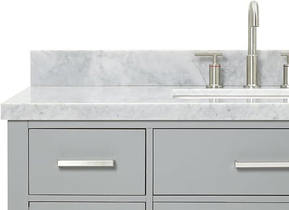 Alenza 48-Inch Grey Bathroom Vanity, 1.5-Inch Edge Italian Carrara Marble Countertop & Backsplash, Rectangular Sink, 2 Soft Closing Doors, 5 Dovetail Drawers, Polished Chrome Hardware