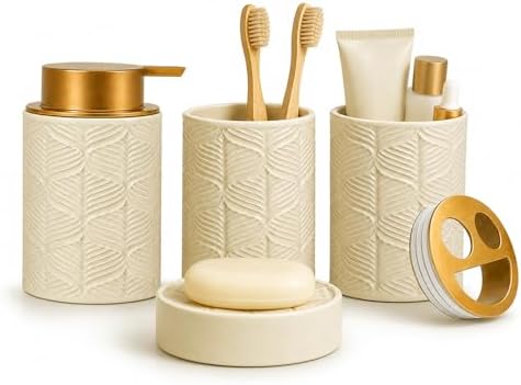 Ceramic Bathroom Accessory Set 4 Pcs with Lotion/Soap Dispenser, Toothbrush Holder, Soap Dish, Tumbler, Modern Scandinavian Bathroom Decor and Storage Set, Easy to Clean, Creamy, Beige