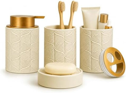 Ceramic Bathroom Accessory Set 4 Pcs with Lotion/Soap Dispenser, Toothbrush Holder, Soap Dish, Tumbler, Modern Scandinavian Bathroom Decor and Storage Set, Easy to Clean, Creamy, Beige