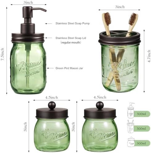 Amolliar Mason Jar Bathroom Accessories Set, 4 Pcs Green Glass Bathroom Set