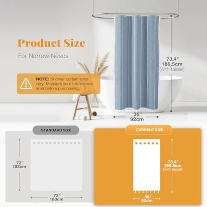 BTTN Small Boho Farmhouse Linen Heavy Duty Shower Curtain, 36x72, Blue
