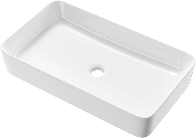 24 Inch Rectangular Bathroom Sink Above Counter, QISHKA White Ceramic Vanity Vessel Sink - 24" x 14" Countertop Rectangle Hand Wash Sink Porcelain Art Basi