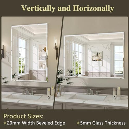 Frameless Bathroom Mirror, 48" x 30" Beveled Wall Mirror