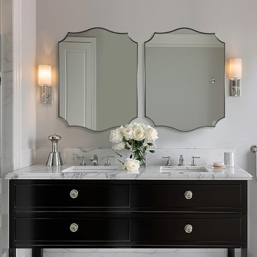 ANDY STAR 30x36 Inch Brushed Nickel Bathroom Mirror, Scalloped Mirror for Bathroom Vanity, Modern Silver Mirror in Anti-Rust Stainless Steel Frame, Elegant Curved Scallop Design Ideal for Home Remodel