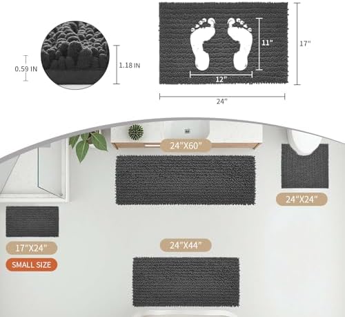 Disolla Small Bath Mat 17x24 Inch - Chenille Dark Grey Bathroom Rug, Extra Soft Absorbent Plush Shaggy Bathmat, Non-Slip Machine Washable Floor Mat for Shower, Tub and Sink
