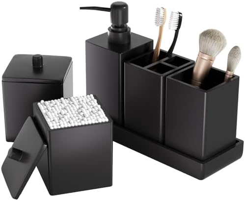 Black Bathroom Accessories Set Resin 6PCS, Square Toothbrush Holders Set Complete with Soap Dispenser, Vanity Tray, Tumbler, Cups and Cotton Swab Jars for Counter, Sink or Small Spaces