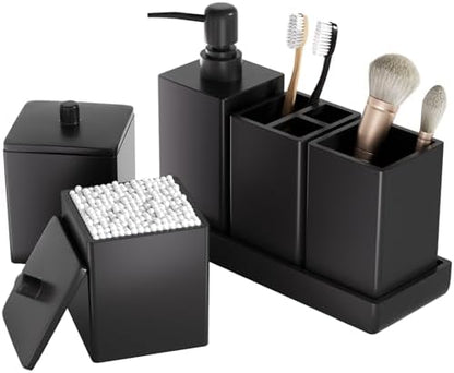 Black Bathroom Accessories Set Resin 6PCS, Square Toothbrush Holders Set Complete with Soap Dispenser, Vanity Tray, Tumbler, Cups and Cotton Swab Jars for Counter, Sink or Small Spaces