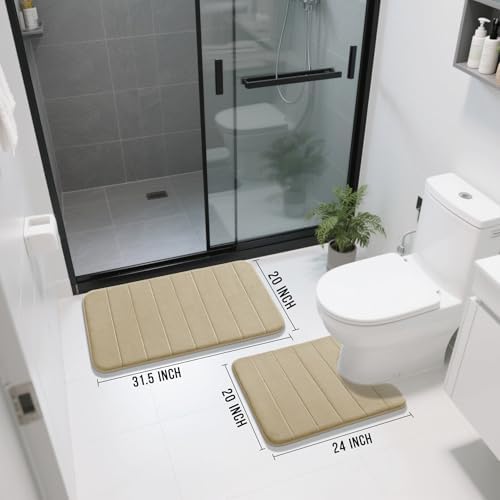 Yimobra Memory Foam Bathroom Mat Set, 31.5 x 20 & 24 x 20 in, Pale Khaki