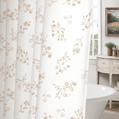 Beige Floral Farmhouse Vintage Cotton Shower Curtain French Country 72Wx72H