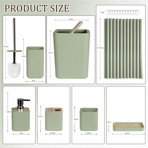 CERBIOR Bamboo Bathroom Accessory Set with Shower Curtain,Green,20PCS