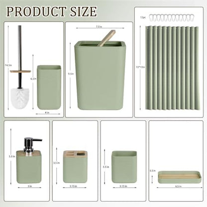 CERBIOR Bamboo Bathroom Accessory Set with Shower Curtain,Green,20PCS