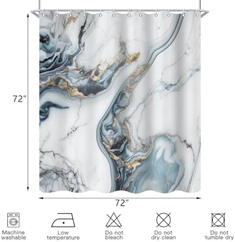 Ocean Blue Marble Shower Curtain Modern Abstract Luxury Gold Ink Texture Gray Ombre Watercolor Bathroom Curtain Set with Hooks Soft and Lightweight Waterproof Fabric Machine Washable 72"Wx84"L