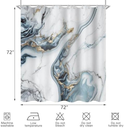 Ocean Blue Marble Shower Curtain Modern Abstract Luxury Gold Ink Texture Gray Ombre Watercolor Bathroom Curtain Set with Hooks Soft and Lightweight Waterproof Fabric Machine Washable 60"Wx72"L