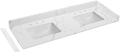 60 in.W x 22 in.D Quartz Calacatta River Vanity Top,with Undermount Double Sink Vanity Top,with Two Sidesplash & One Backsplash,8 Inch Faucet Hole Spread Bathroom Vanity Sink Countertop