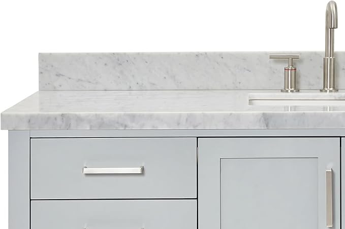 Olivia 60-Inch Grey Bathroom Vanity with Sink, 1.5" Edge Italian Carrara Marble Countertop & Backsplash, Rectangular Undermount Sink, 2 Soft Closing Doors, 6 Dovetail Drawers, Brushed Nickel