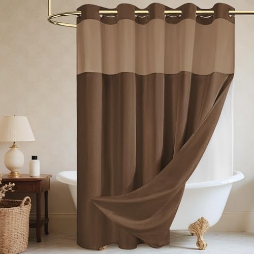 WONICY No Hook Shower Curtain with Liner for Bathrooms, Brown, 71 x 74