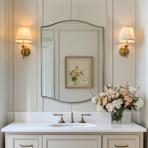 ANDY STAR Scalloped Bathroom Mirror，24"x32" Gold Rectangle Wall Mirror with Curved Edge Stainless Steel Metal Frame, Brass Vanity Wall-Mounted Mirror for Bathroom, Entryway