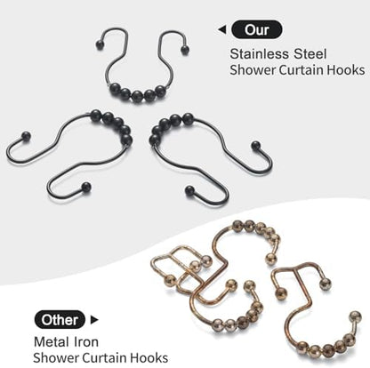 Goowin Shower Curtain Hooks, 12 Pcs Shower Curtain Rings, Stainless Steel Black Shower Curtain Hooks, Shower Curtain Rings Rust Proof, Smooth Sliding Anti-Drop Double Shower Rings for Curtain (Black)