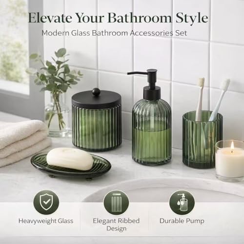 4PCs Heavy Weight Decent Glass Bathroom Accessories Set with Decorative Pressed Pattern - Includes Hand Soap Dispenser & Tumbler & Soap Dish & Toothbrush Holder (Green)