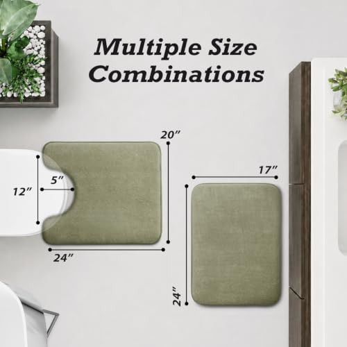 HUXMEYSON Bathroom Rugs Sets 2 Piece, Non-Slip & Quick Dry Bath Mat Set, Ultra Soft Velvet Bath Rugs for Bathroom, Toilet and Shower Floor, Olive Green