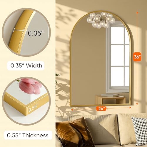 Antok Arched Bathroom Mirror, 24"x36" Wall Mounted Mirror, Vanity Mirrors for Over Sink, Aluminum Alloy Frame Bathroom Mirrors Living Room, Bedroom and Entryway, Gold