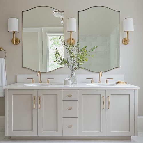 ANDY STAR 30"x48" Scalloped Mirror，Brushed Gold Rectangle Bathroom Mirror with Curved Edge Stainless Steel Metal Frame, Large Wall-Mounted Mirror for Bathroom, Entryway (Horizontal/Vertical)