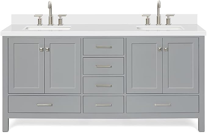 ARIEL Cambridge 72-inch Bathroom Vanity with Sink,Solid Wood, 1.5-inch Pure White Quartz Countertop & Backsplash, Double Rectangular Porcelain Sink, 4 Soft Closing Doors, 6 Dovetail Drawers, Grey