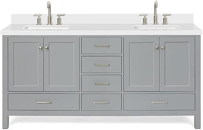 ARIEL Cambridge 72-inch Bathroom Vanity with Sink,Solid Wood, 1.5-inch Pure White Quartz Countertop & Backsplash, Double Rectangular Porcelain Sink, 4 Soft Closing Doors, 6 Dovetail Drawers, Grey
